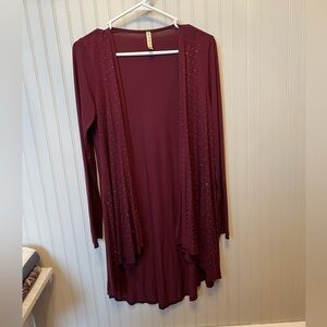 Burgundy Open Front Cardigan with Studded Detail